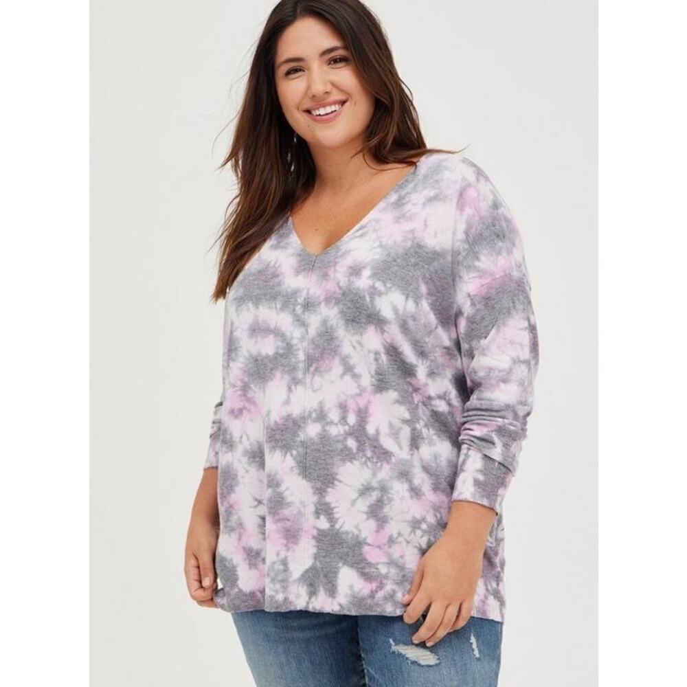 Torrid Grey Pink Tie Dye V-Neck Knit‎ Sweater Plus Size 2 2X Relaxed Fit